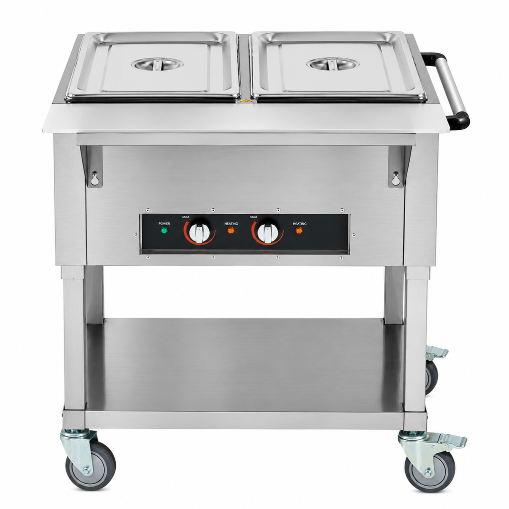 2-Pan Commercial Food Warmer, 2 x 20.6QT Electric Steam Table, 1000W Professional Buffet Catering Food Warmer with 4 Wheels (2 Lockable), Food Grade Stainless Steel Server for Party Restaurant