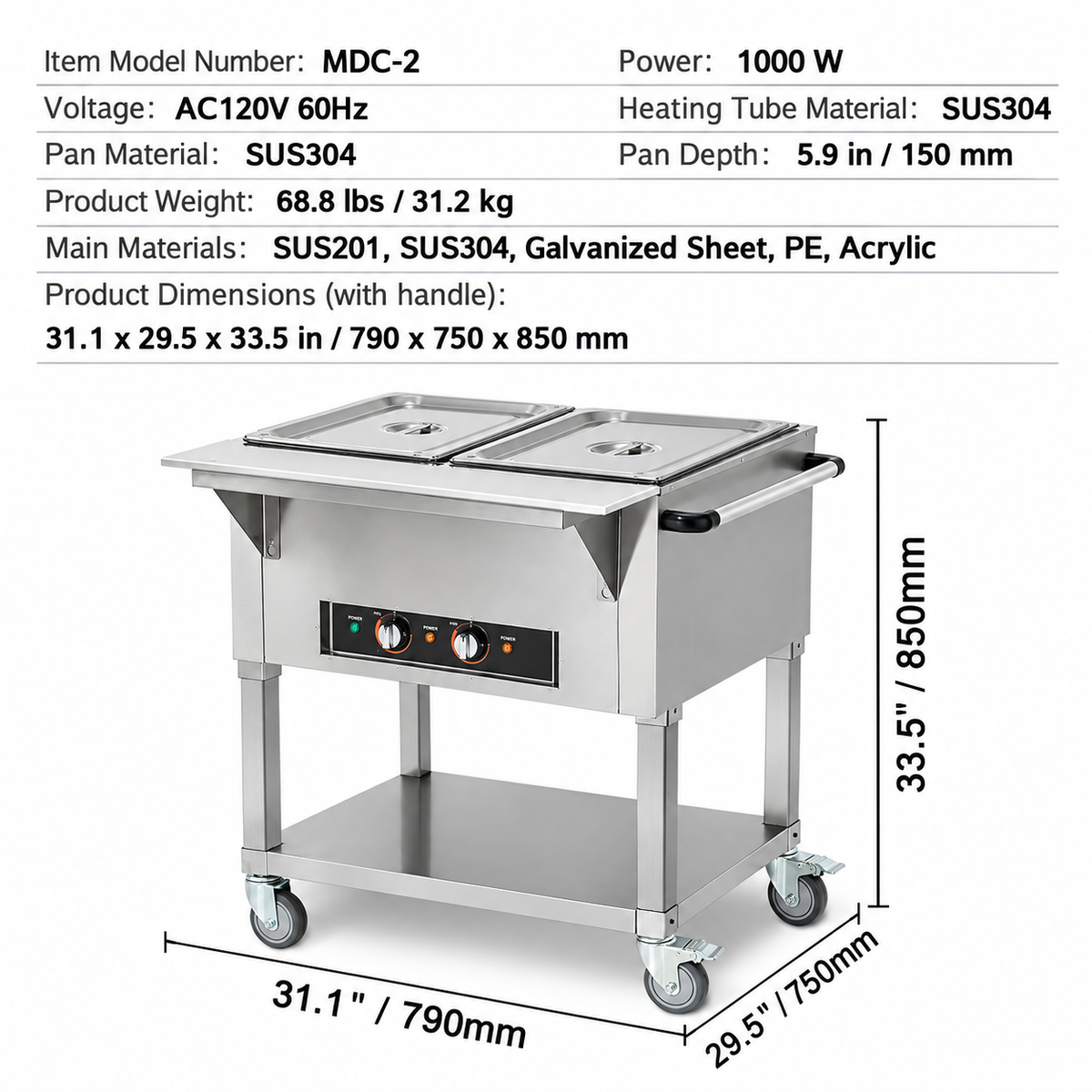 2-Pan Commercial Food Warmer, 2 x 20.6QT Electric Steam Table, 1000W Professional Buffet Catering Food Warmer with 4 Wheels (2 Lockable), Food Grade Stainless Steel Server for Party Restaurant