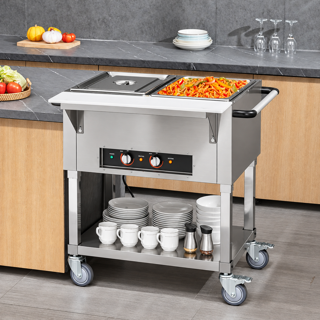 2-Pan Commercial Food Warmer, 2 x 20.6QT Electric Steam Table, 1000W Professional Buffet Catering Food Warmer with 4 Wheels (2 Lockable), Food Grade Stainless Steel Server for Party Restaurant