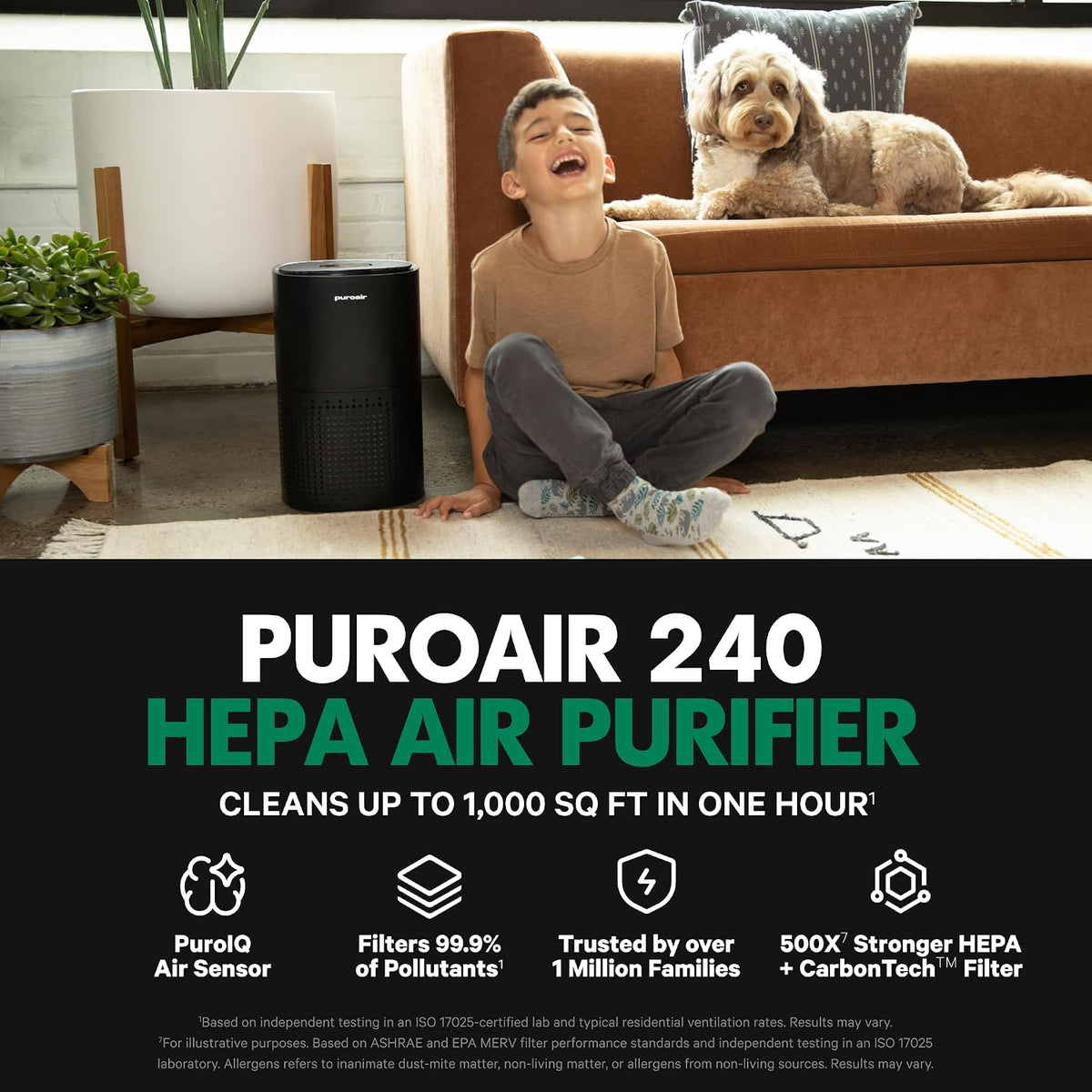 240 HEPA Air Purifiers for Home Pets Bedroom 1000 Ft² - Black