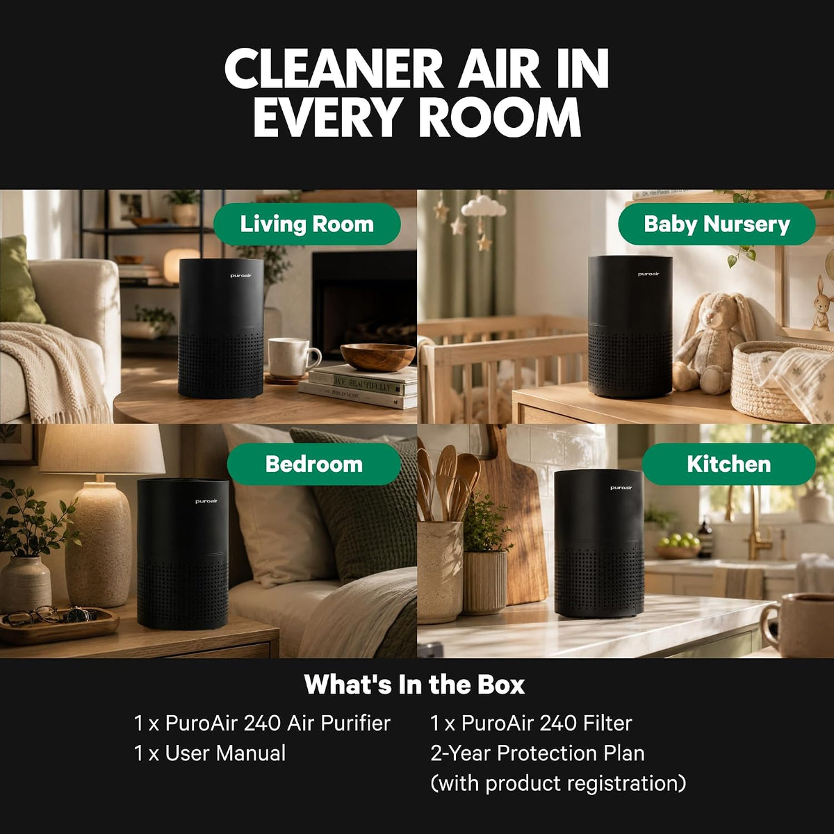 240 HEPA Air Purifiers for Home Pets Bedroom 1000 Ft² - Black