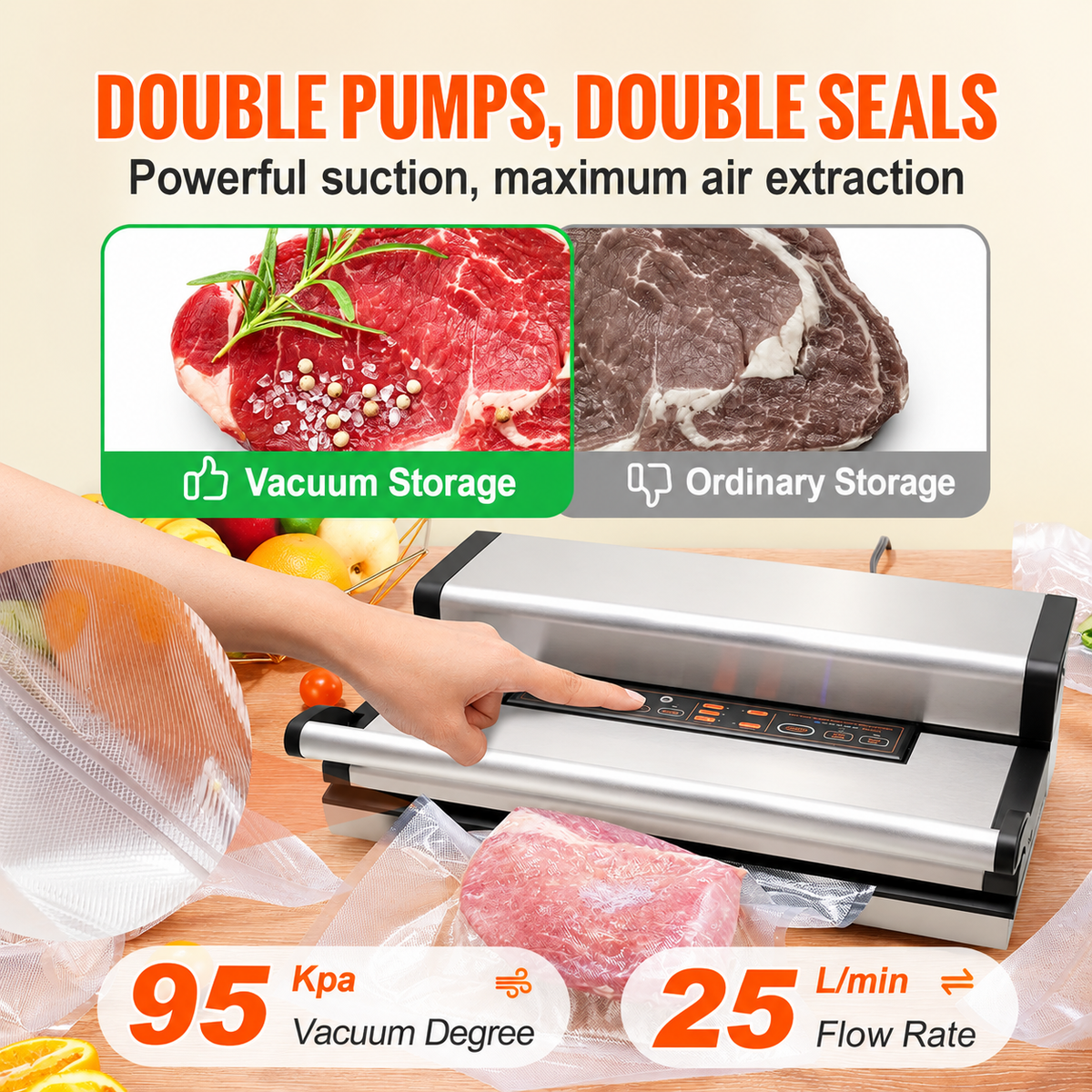 95Kpa Vacuum Sealer – Dual Pump, Dual Seal, Automatic & Manual Sealing