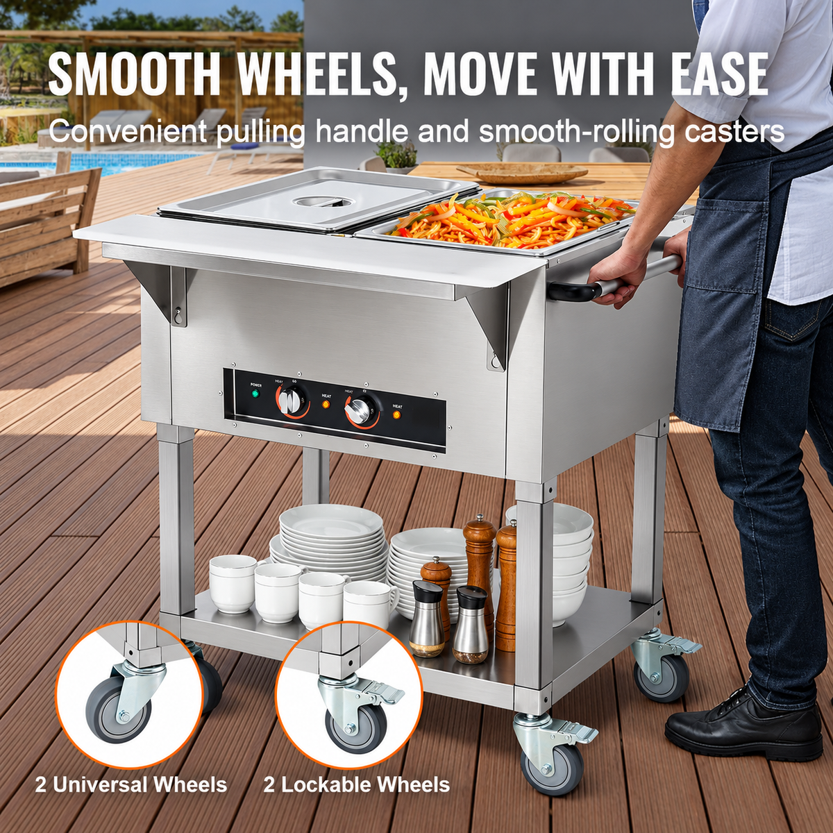 2-Pan Commercial Food Warmer, 2 x 20.6QT Electric Steam Table, 1000W Professional Buffet Catering Food Warmer with 4 Wheels (2 Lockable), Food Grade Stainless Steel Server for Party Restaurant