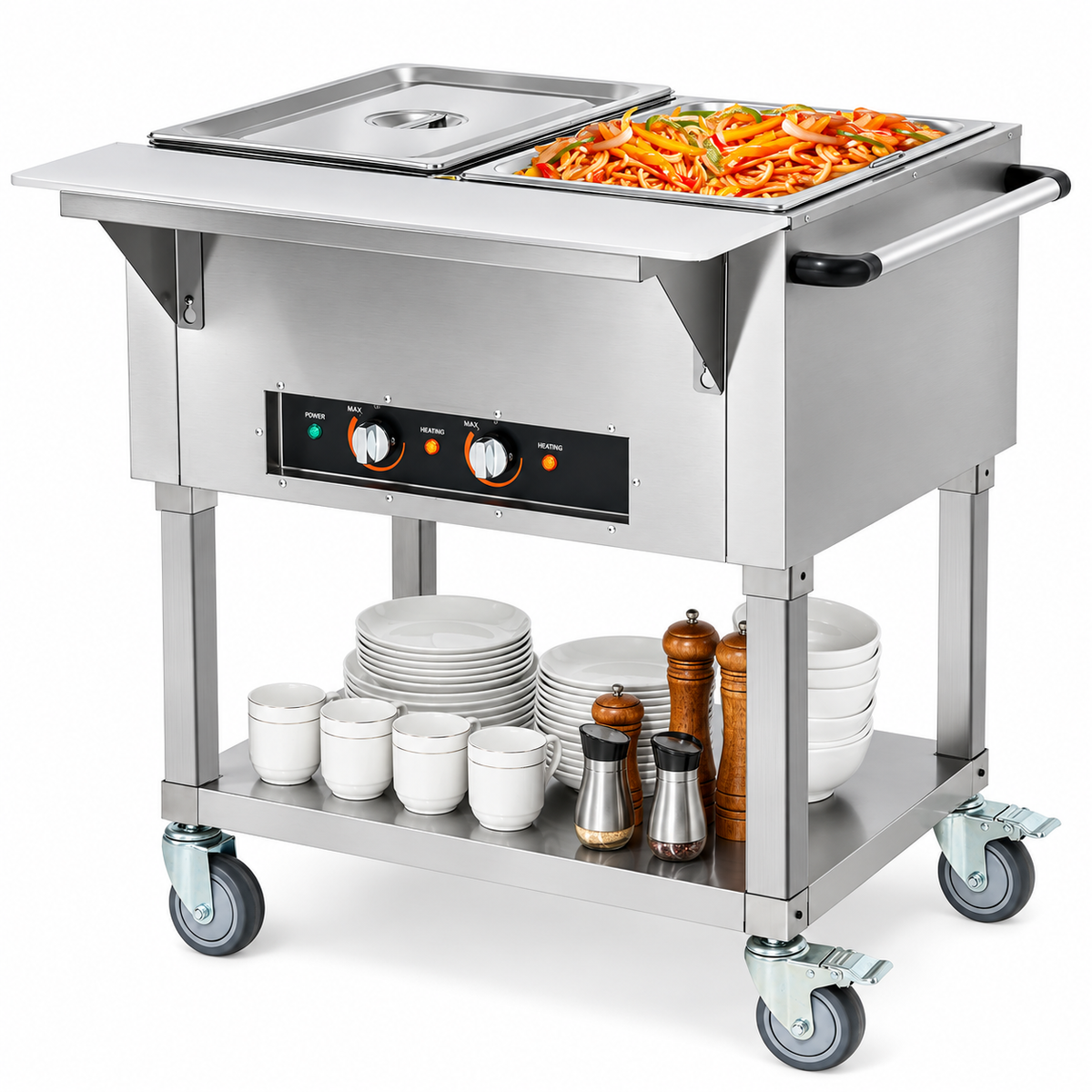 2-Pan Commercial Food Warmer, 2 x 20.6QT Electric Steam Table, 1000W Professional Buffet Catering Food Warmer with 4 Wheels (2 Lockable), Food Grade Stainless Steel Server for Party Restaurant