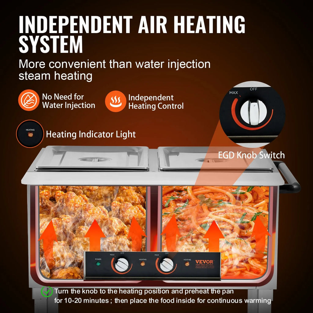 2-Pan Commercial Food Warmer, 2 x 20.6QT Electric Steam Table, 1000W Professional Buffet Catering Food Warmer with 4 Wheels (2 Lockable), Food Grade Stainless Steel Server for Party Restaurant