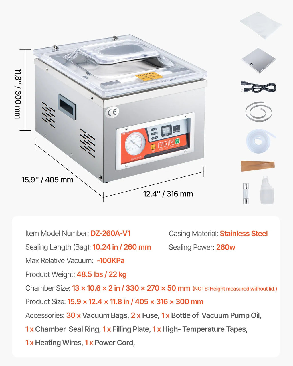 Chamber Vacuum Sealer, 260W Sealing Power, Vacuum Packing Machine for Wet Foods, Meats, Marinades and More, Compact Size with 10.2 in Sealing Length, Applied in Home Kitchen and Commercial Use